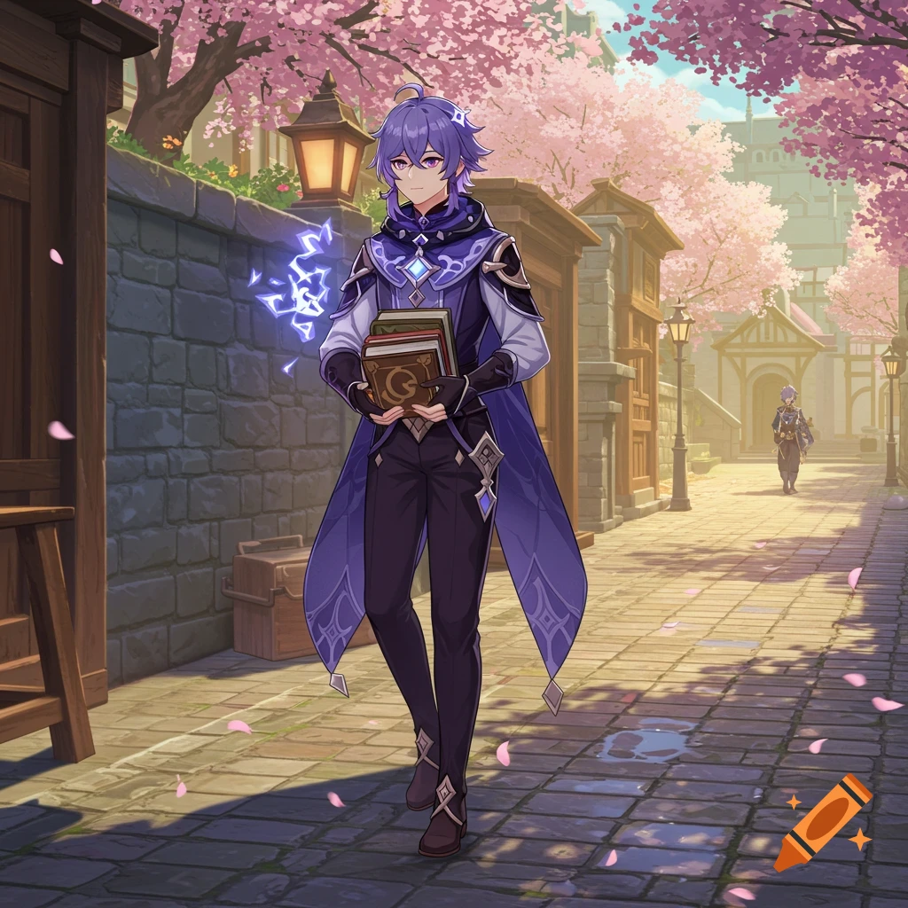 Purple-haired anime character in blue cloak holds books with electrical glow, walking down a cherry blossom street.