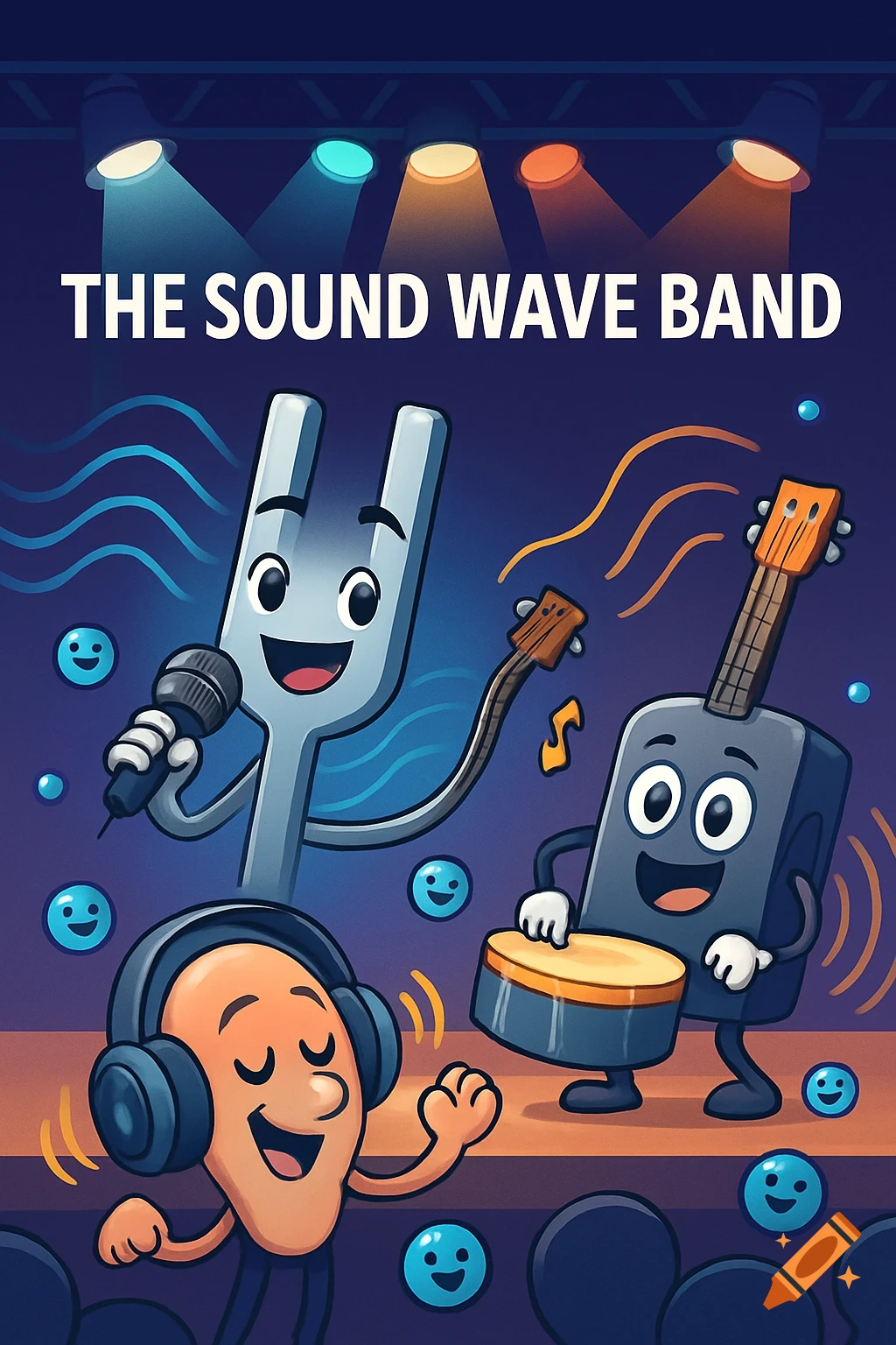 A polished digital cartoon shows 'The Sound Wave Band' performing on stage with a tuning fork singer, loudspeaker drummer, and an ear cheering in the audience.