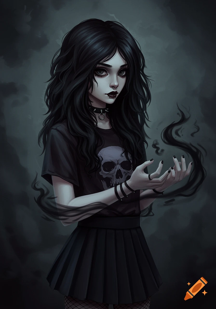 A moody anime goth girl with long black hair, a nose piercing, a skull t-shirt, and black mist swirling around her hands.
