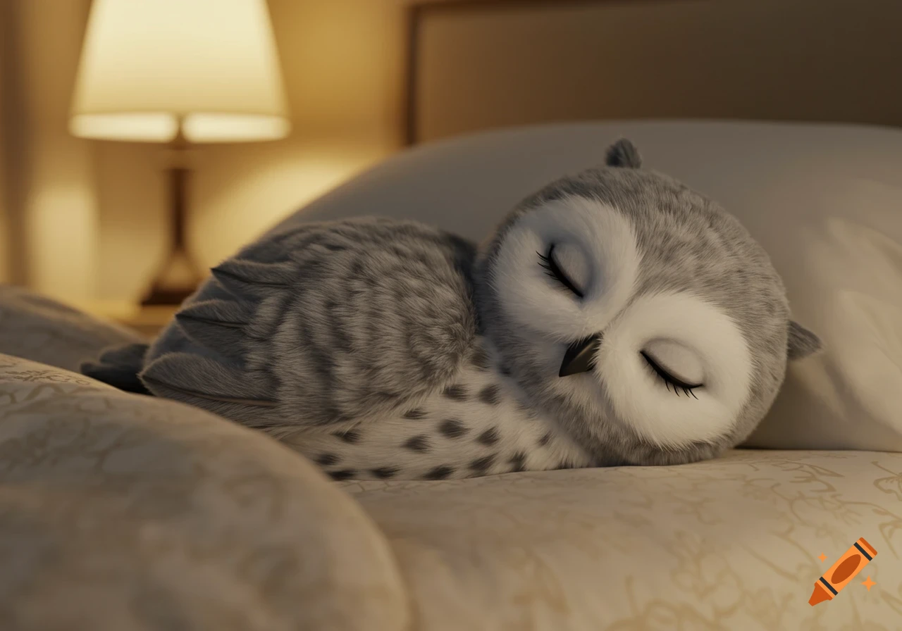 Adorable gray and white owl plushie asleep in a cozy bed with warm lamplight.