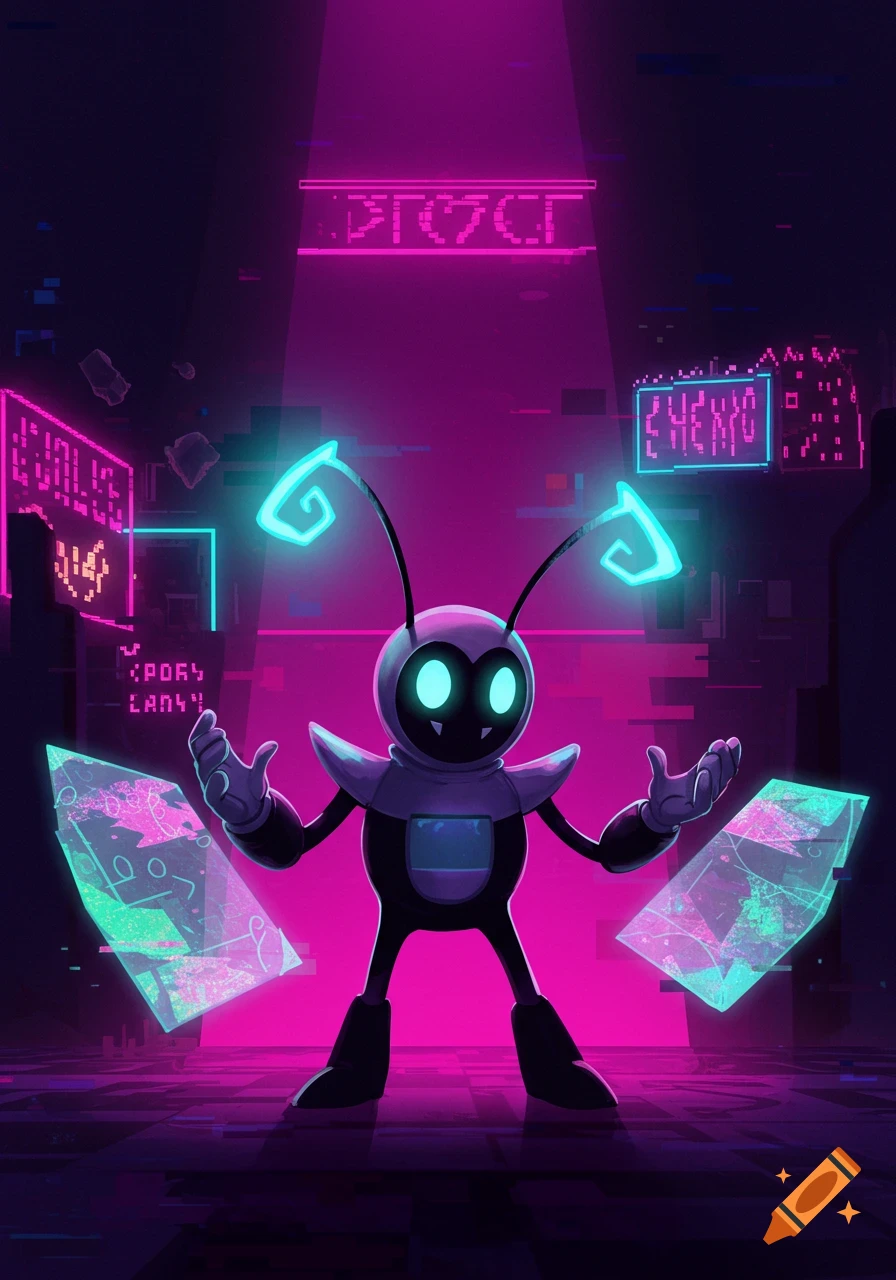 A bug-like robot with glowing eyes and antennae stands in a neon pink and blue glitchy cyberpunk cityscape, holding two glowing shards.