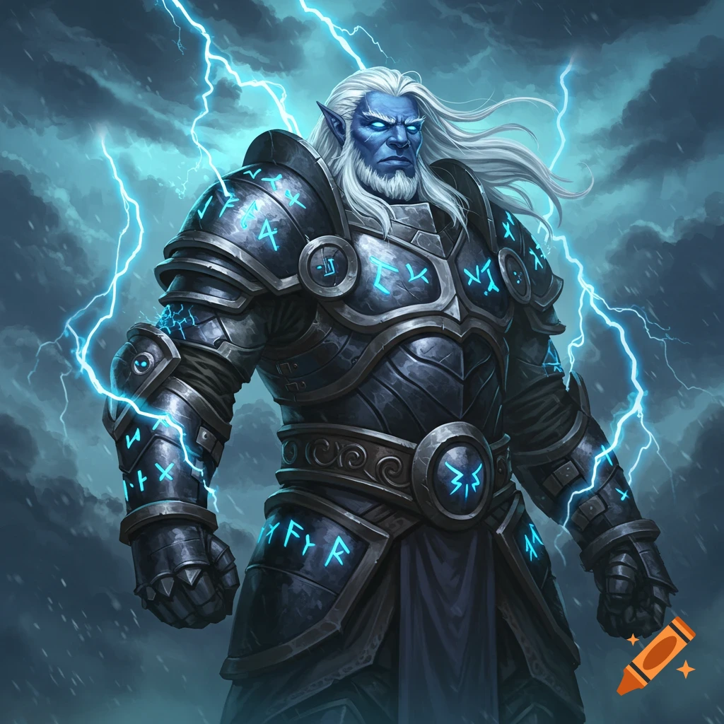 A blue-skinned Goliath storm cleric with white hair and beard, clad in glowing runic armor, stands against a stormy sky with lightning.