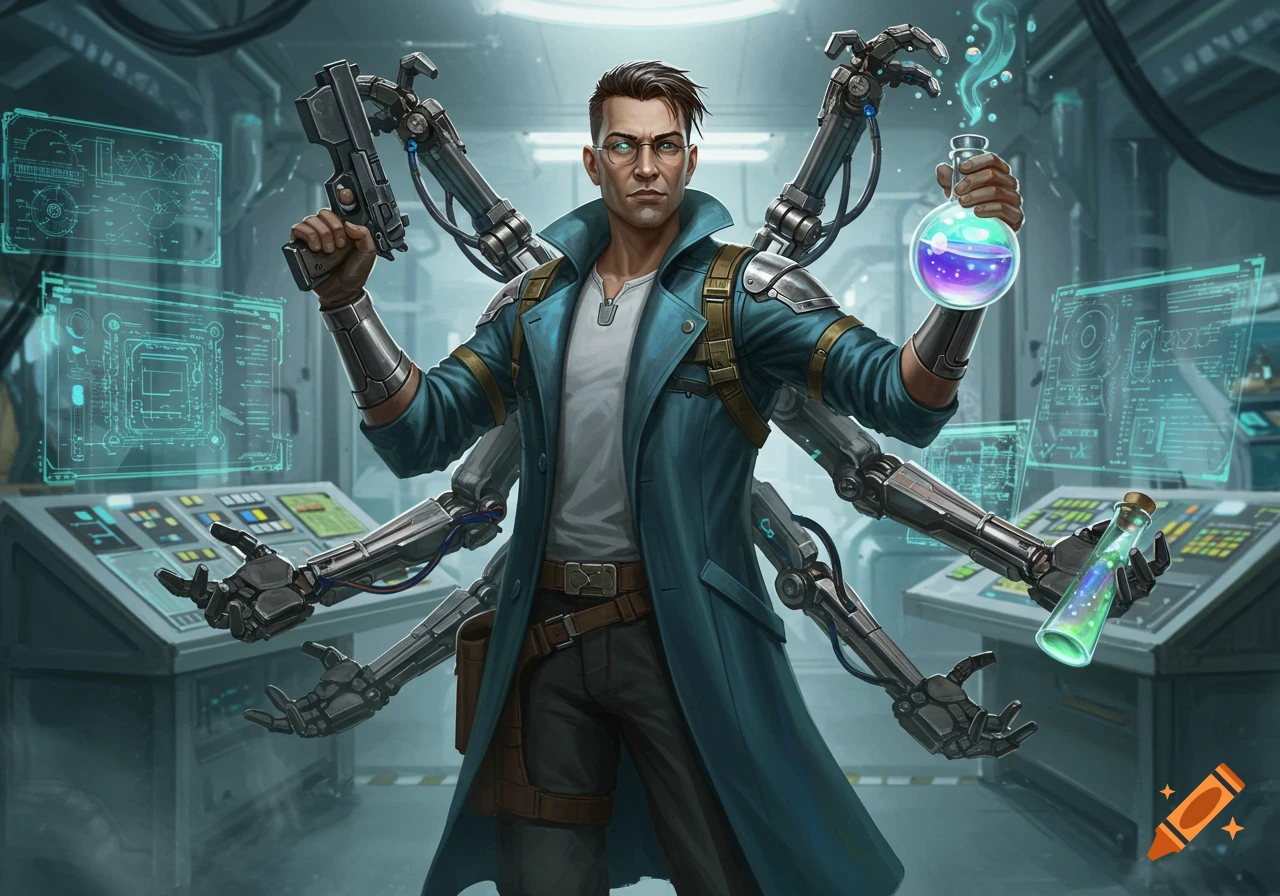 A serious male inventor in a blue lab coat, with multiple robotic arms, holds a pistol and a glowing potion in a futuristic lab setting.
