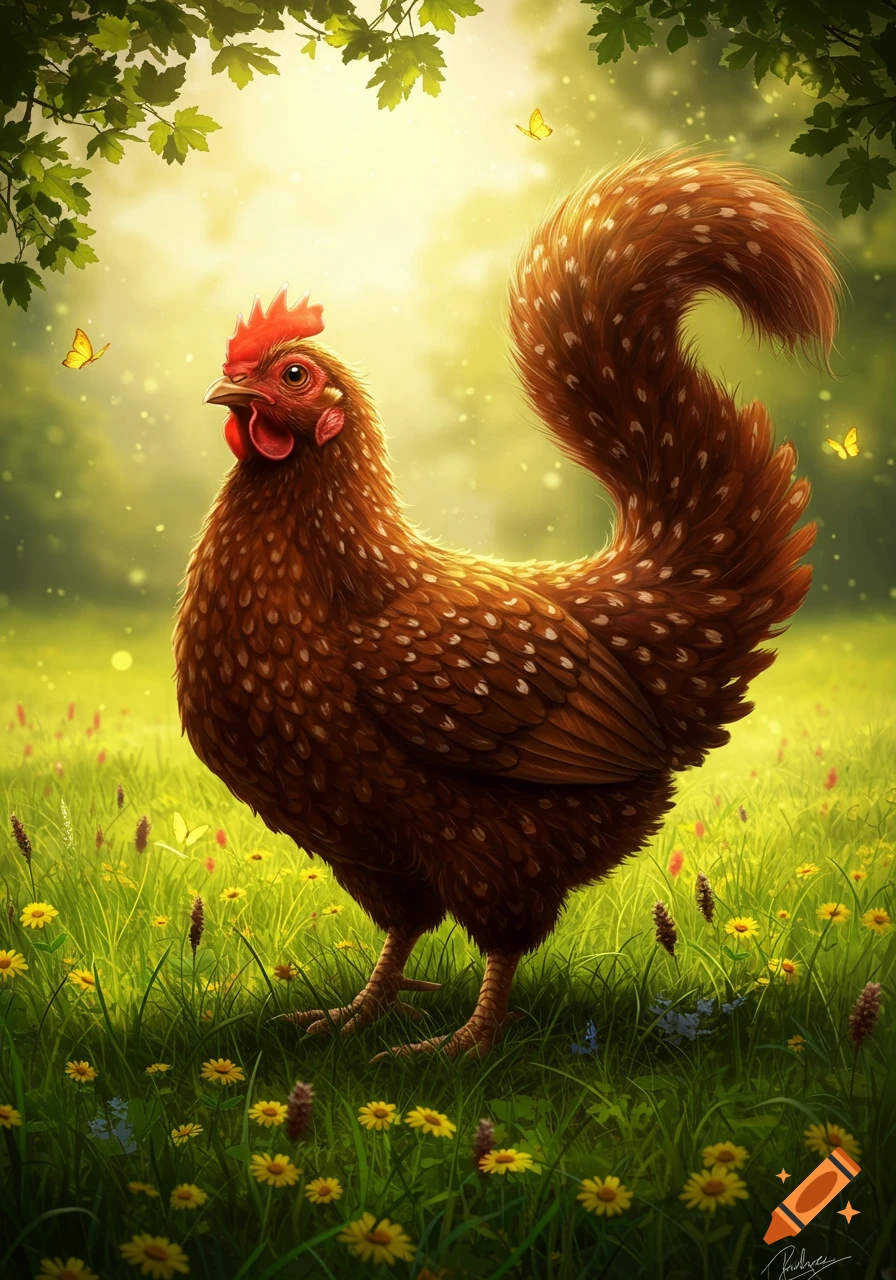 Vibrant illustration of a brown chicken with a large fluffy tail standing in a sunny, green field with yellow flowers and butterflies.