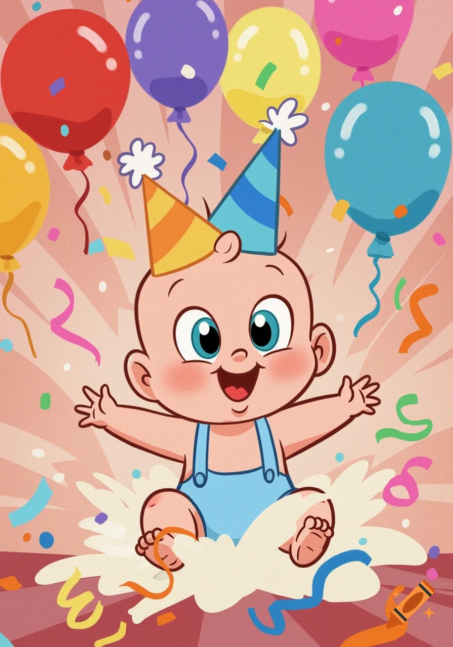 Happy cartoon baby in a party hat, surrounded by colorful balloons and confetti, celebrating.