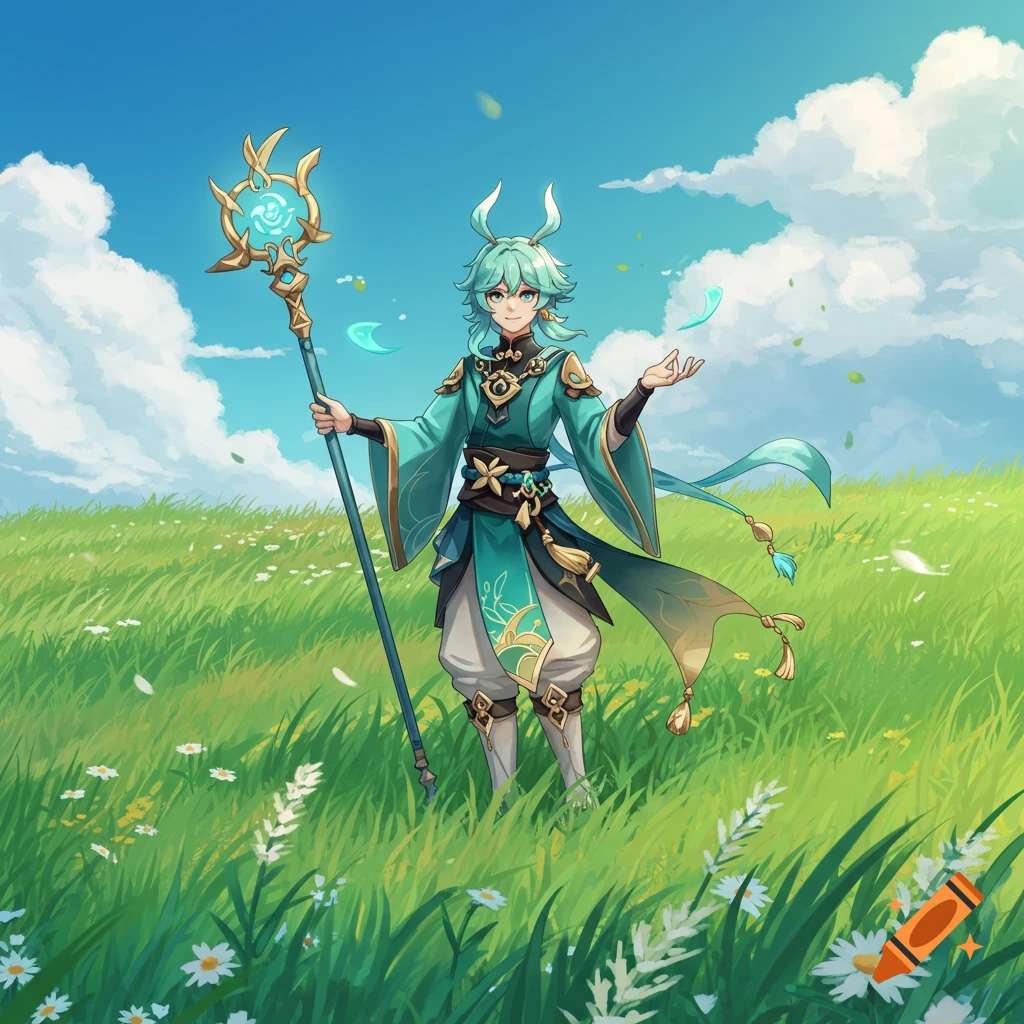 An anime-style male character with blue hair and bunny ears in green robes holds a glowing staff in a sunny green meadow.