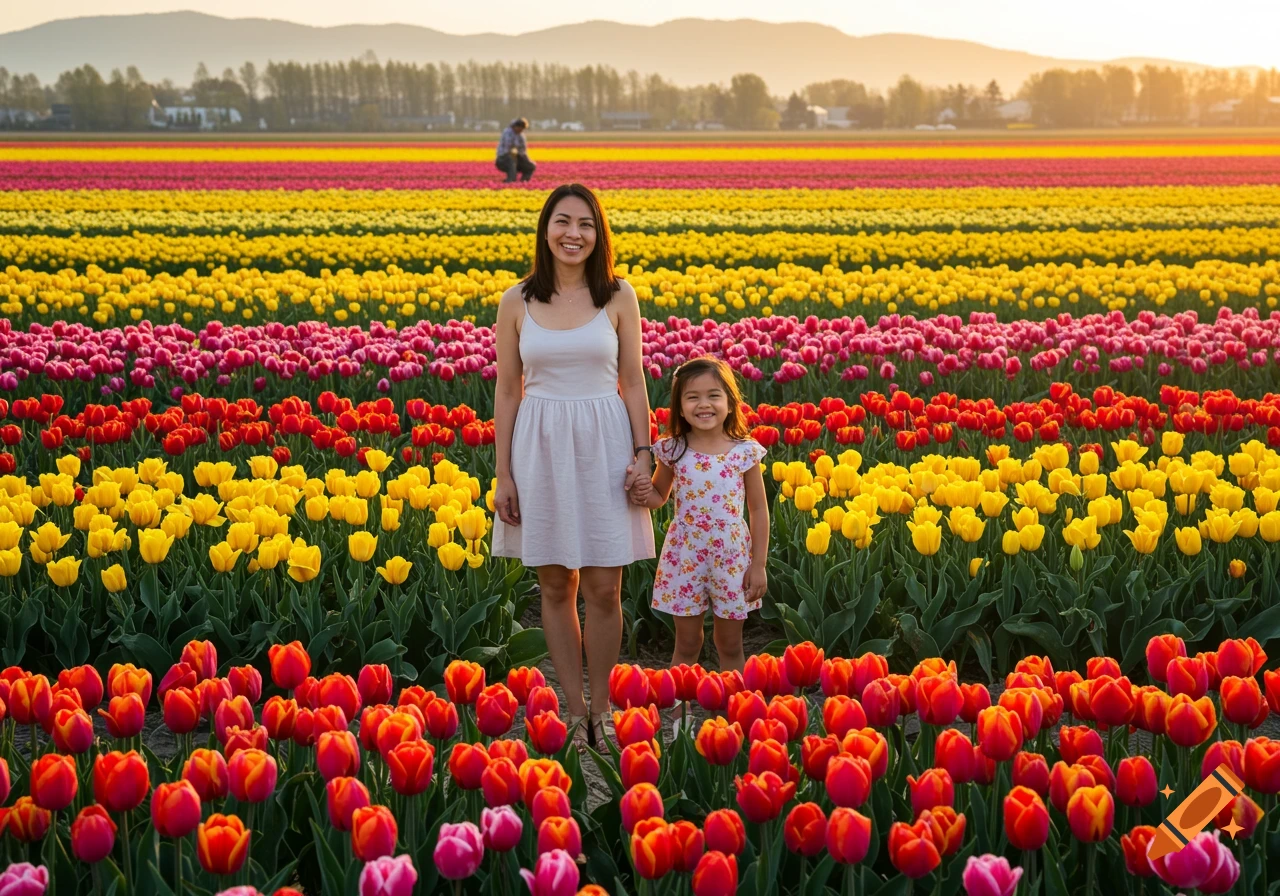 Photorealistic image of a smiling mother and daughter holding hands in a vibrant field of red, yellow, and pink tulips at sunset.