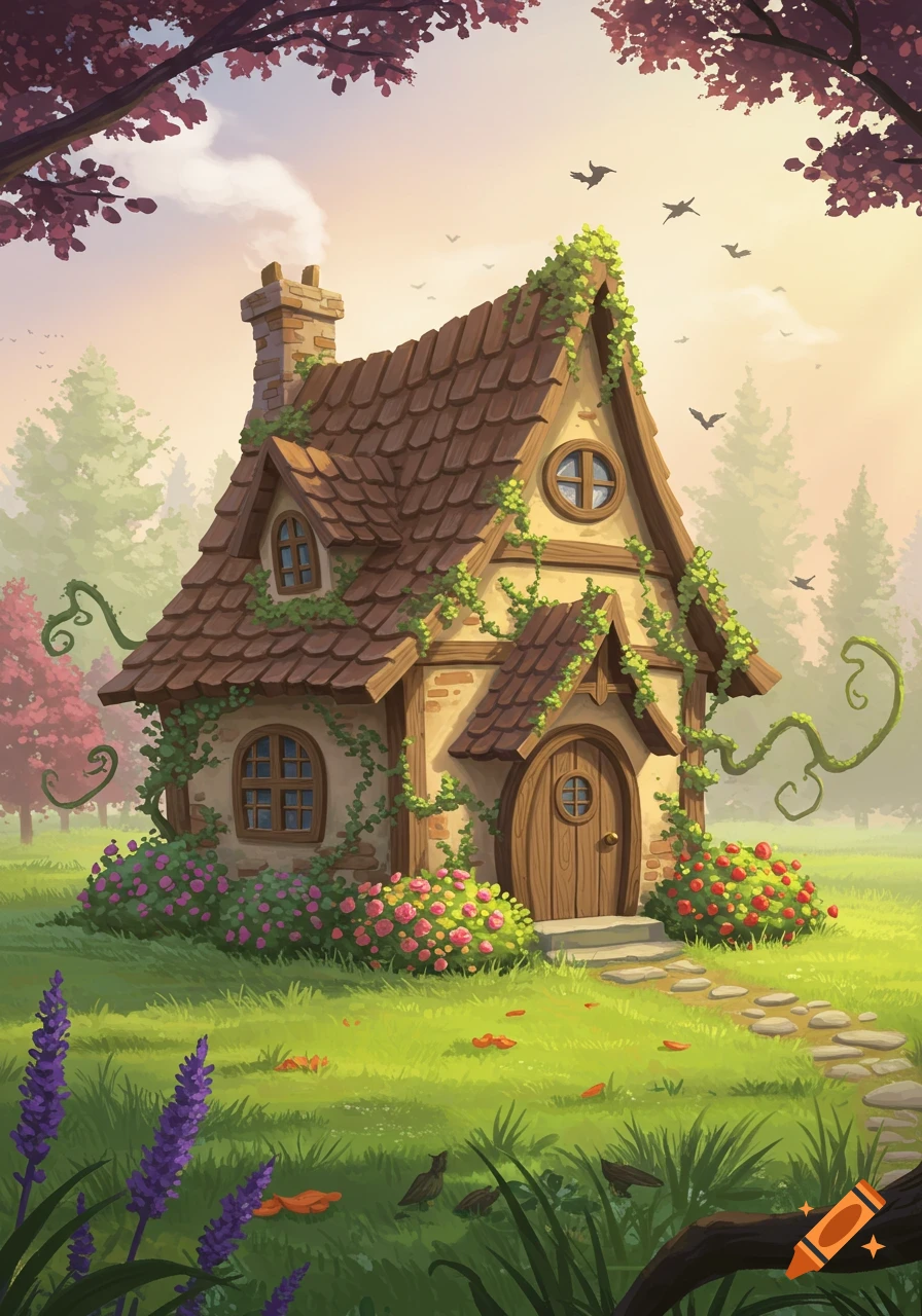 A whimsical, illustrative fairytale cottage covered in vines and flowers, set in a lush green meadow with a stone path.