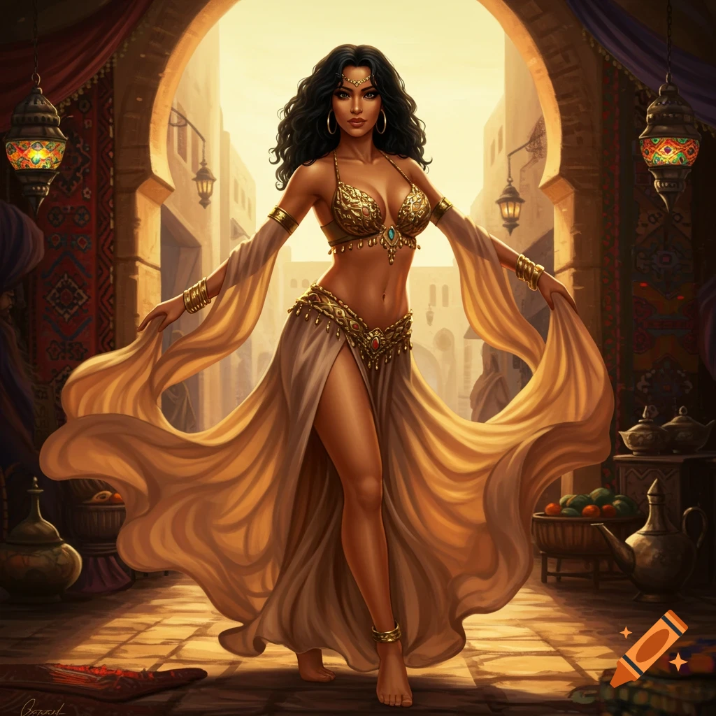Illustrated woman in a gold belly dancer costume, with flowing fabric, posing in a sunny Middle Eastern archway.