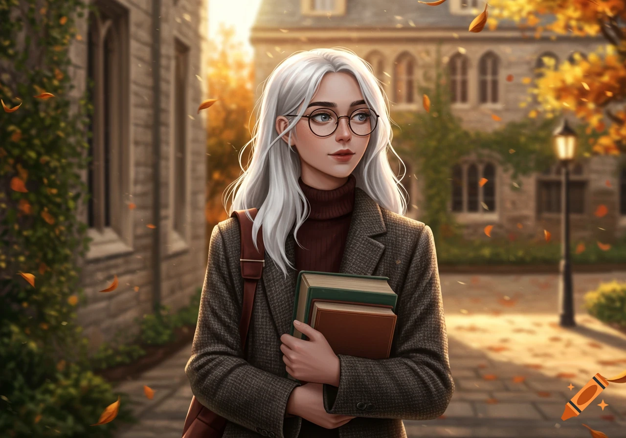 Digital illustration of a white-haired, bespectacled woman carrying books on an autumn university campus path.