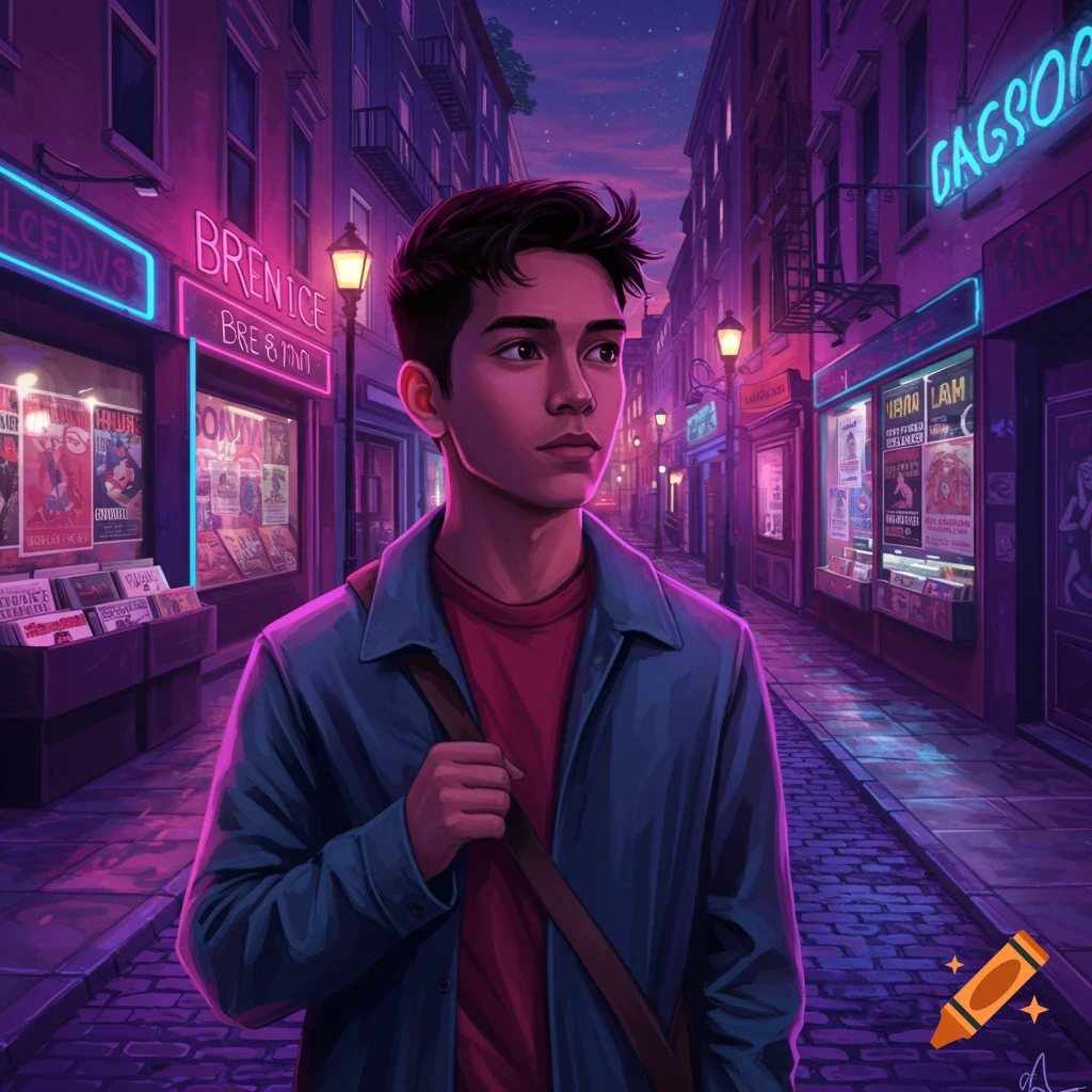 A stylized illustration of a young man with dark hair in a red shirt and blue jacket walking down a neon-lit city street at night.
