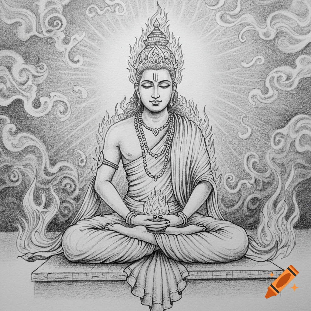 A detailed pencil drawing of a serene Hindu deity, possibly Agni, meditating with flames and light against a smoky background.