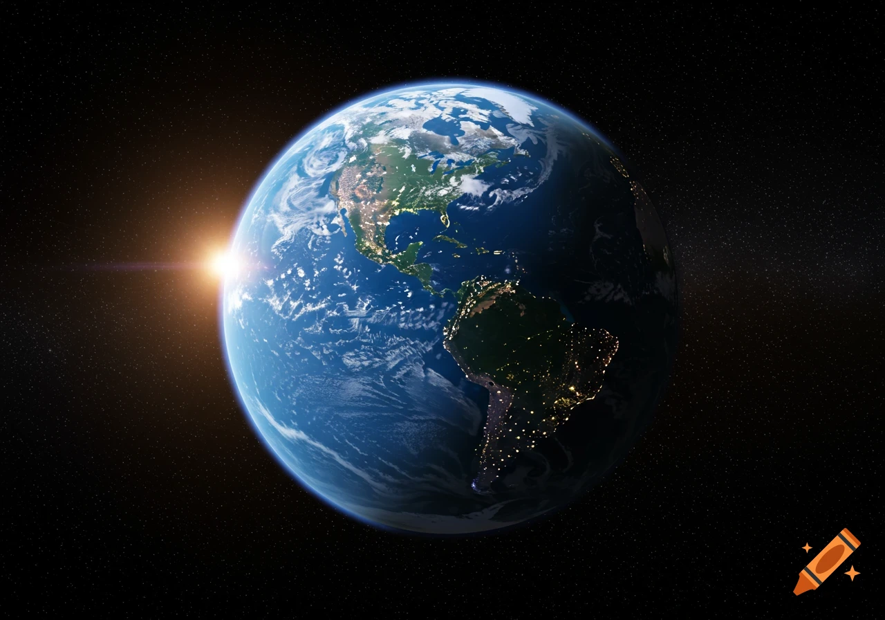 Photorealistic Earth from space with sunrise over the Americas, illuminating cities at night.