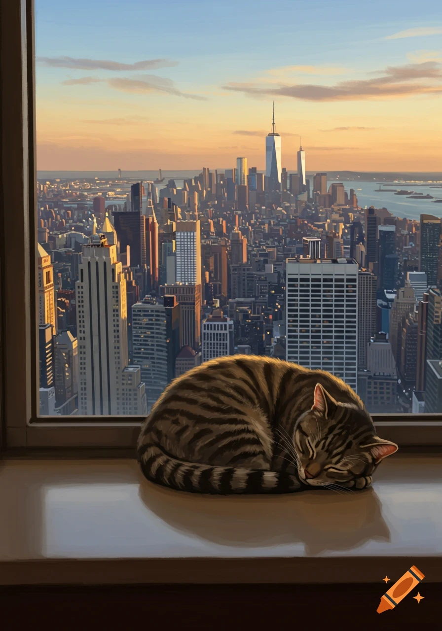 A tabby cat sleeps curled on a windowsill, overlooking a sunlit New York City skyline at sunset.