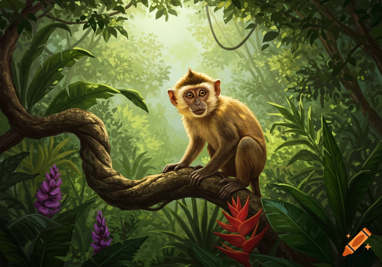 An illustration of a small monkey with large eyes sitting on a twisted tree branch in a lush, sunlit jungle.