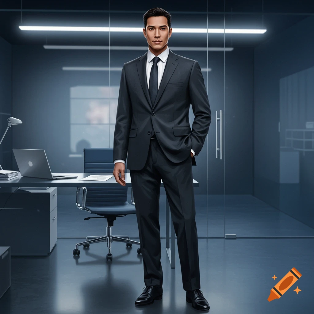 Photorealistic portrait of a man in a dark business suit standing in a modern office.