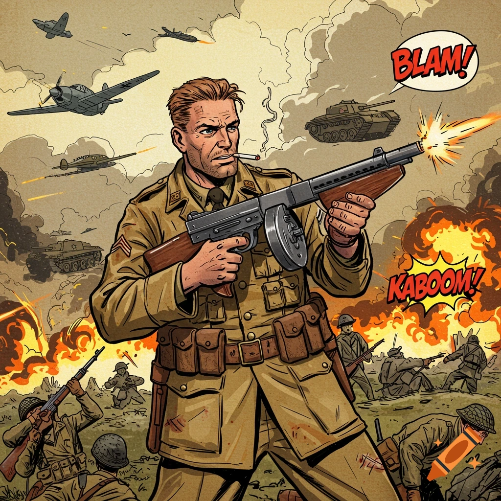 A comic book style illustration of a World War II soldier firing a Thompson submachine gun during an intense battle with planes, tanks, and explosions.