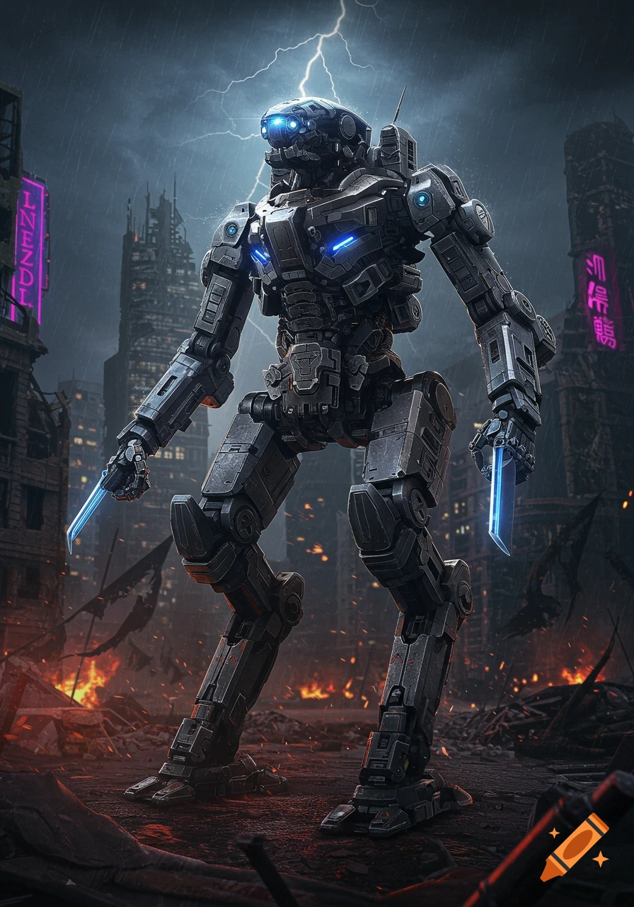 A photorealistic robotic sentinel stands in a destroyed, rainy city with lightning, holding glowing blue knives.