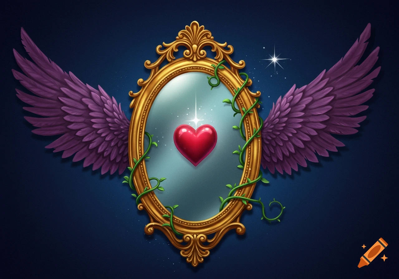 Ornate golden mirror with purple wings, a glowing red heart at its center, and green vines, on a dark blue starry background, digital art.