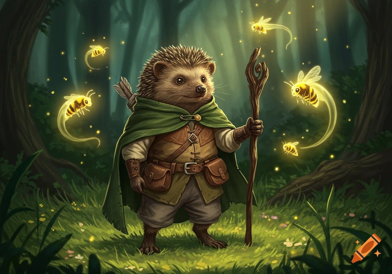 An anthropomorphic hedgehog ranger in a green cloak holds a staff, surrounded by glowing spirit-insects in a whimsical woodland illustration.