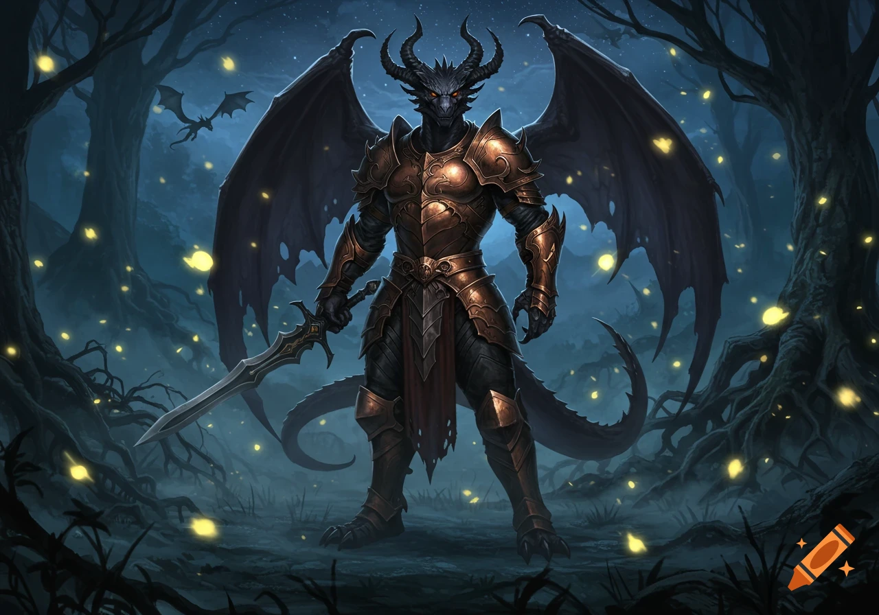 A fierce black dragonborn warrior in golden armor stands in a dark, misty forest with glowing fireflies, holding a sword.