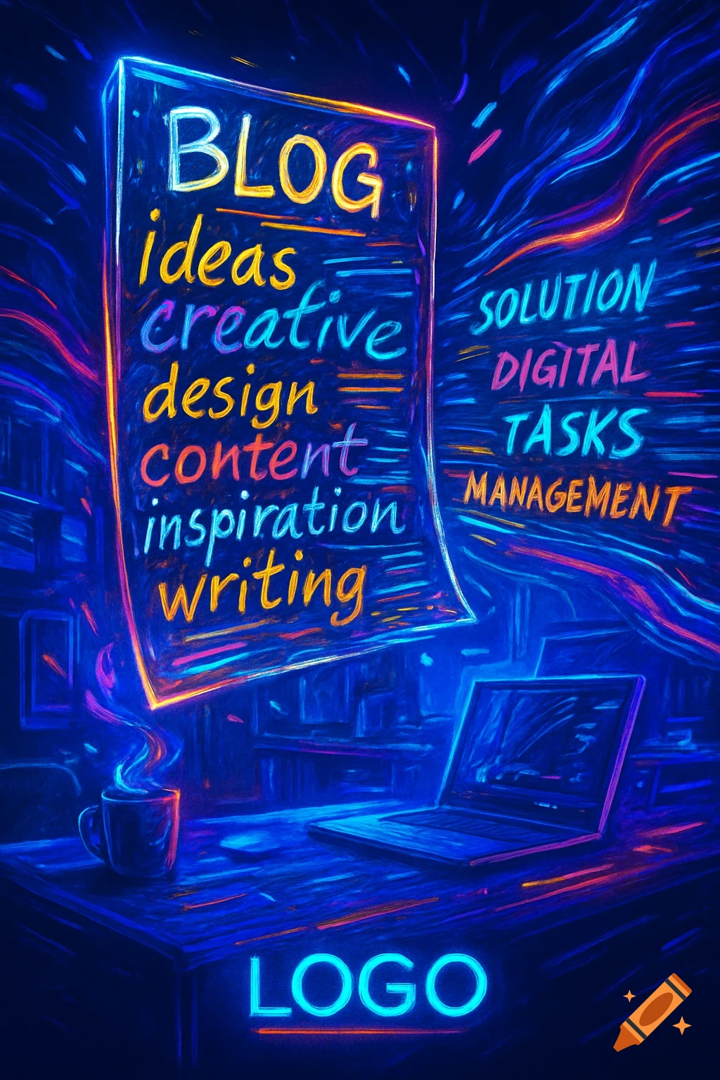 Neon-style illustration of a glowing sheet with blog-related words like 'BLOG', 'ideas', 'creative', 'design', 'content', 'inspiration', 'writing'. A laptop and a steaming mug are on a desk, with 'SOLUTION', 'DIGITAL', 'TASKS', 'MANAGEMENT' floating nearby. The background is dark blue with glowing lines and 'LOGO' at the bottom.