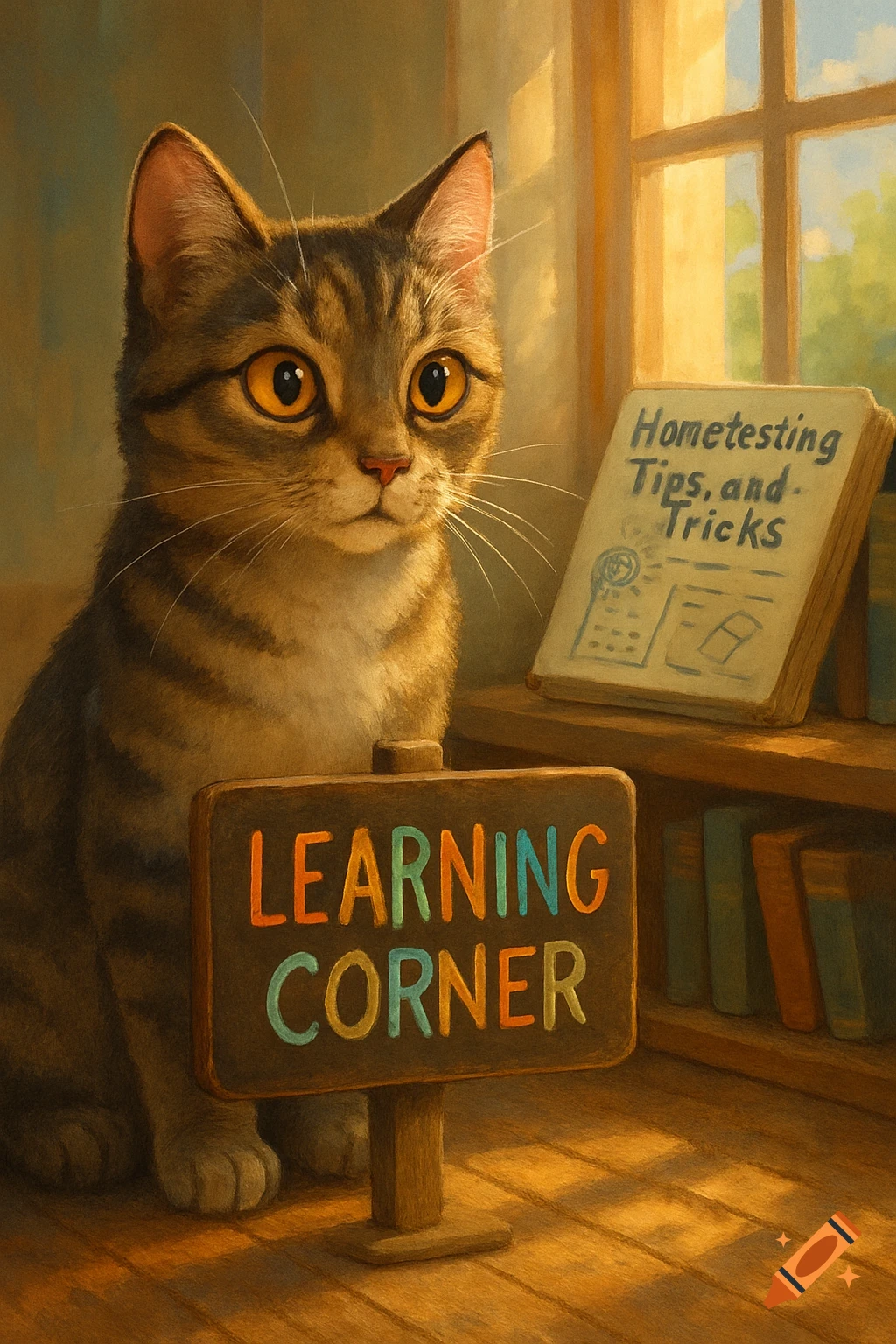 A cute tabby cat sits next to a wooden sign reading "Learning Corner" and a book titled "Hometesting Tips, and Tricks" by a sunlit window. Illustration.