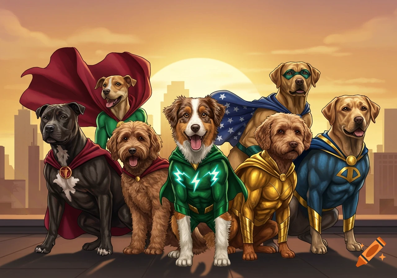 An illustration of six diverse superhero dogs, including a Pitbull, Australian Shepherd, Labradoodles, and Labradors, posing on a city rooftop at sunset.