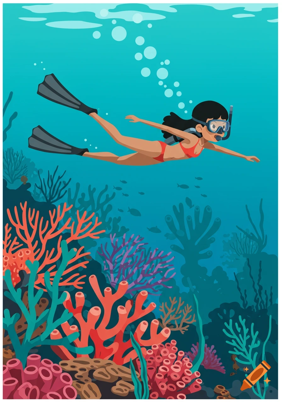 Cartoon illustration of a woman with a snorkel mask and flippers swimming above a vibrant coral reef.