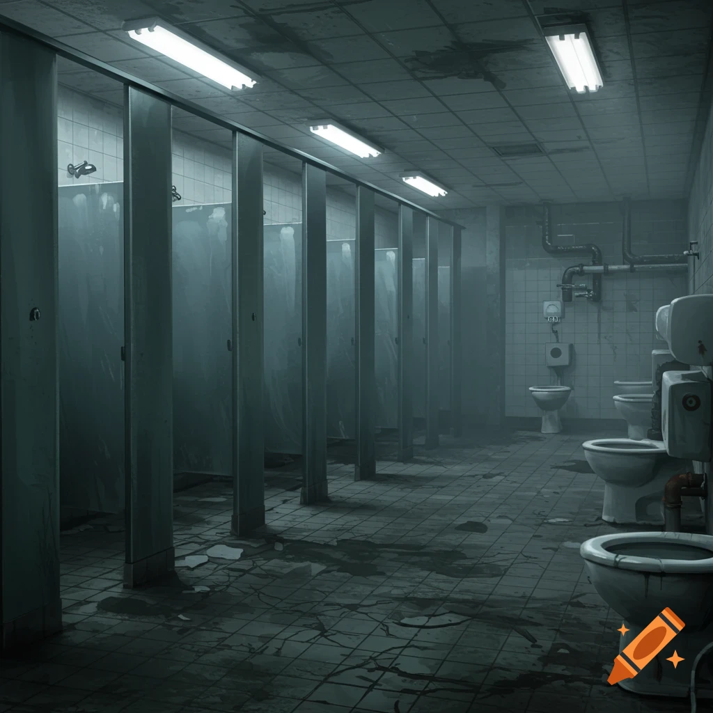 A dark, dilapidated public restroom with grimy floors, broken tiles, and multiple dirty, unusable toilets and shower stalls.