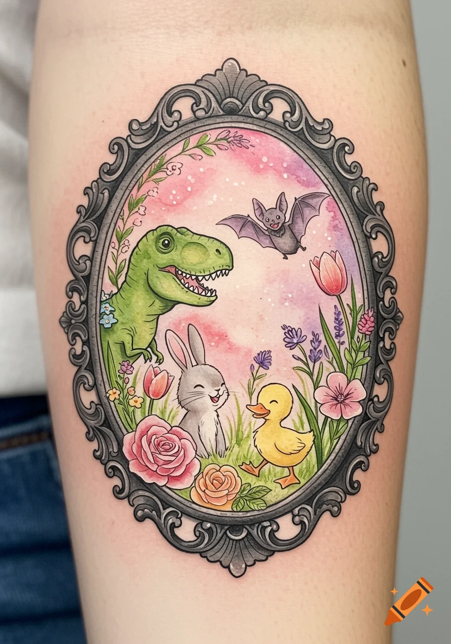 Whimsical tattoo in an ornate frame with a T-Rex, bunny, duck, and bat among pastel flowers on a watercolor background.