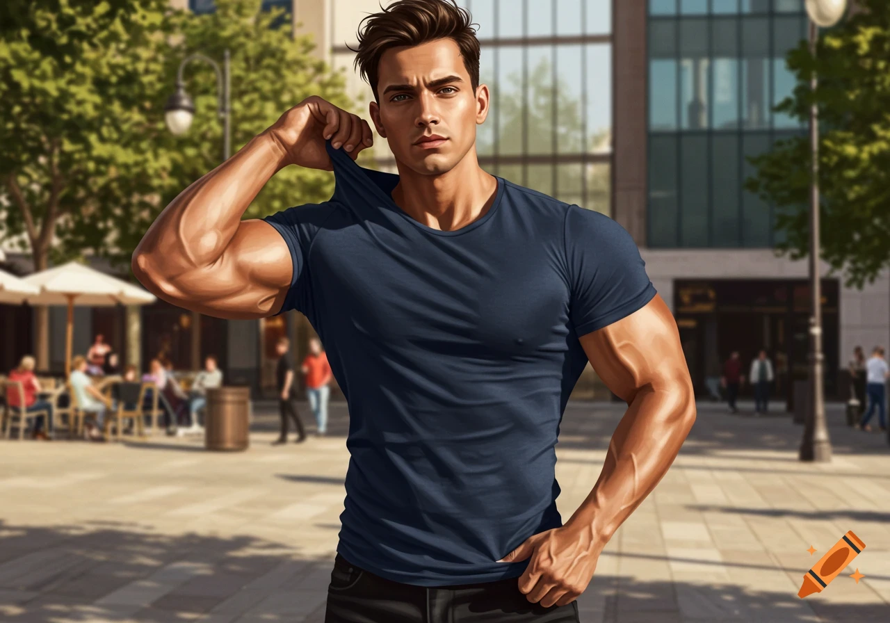 A muscular man in a dark blue t-shirt flexing his arm slightly, standing on a city street with a blurred background.