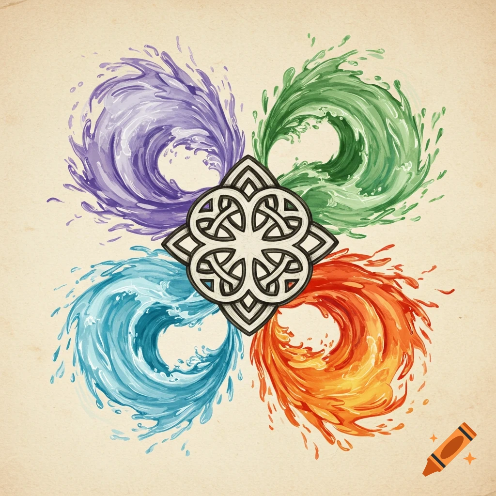 A watercolor illustration of a Celtic knot surrounded by four swirling elemental bursts: purple, green, blue, and red.