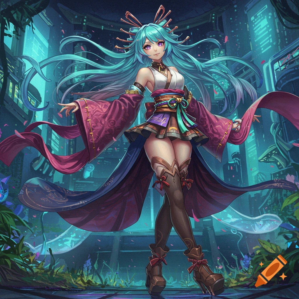 Anime girl with long teal hair, purple eyes, and a short kimono stands in a glowing futuristic city.