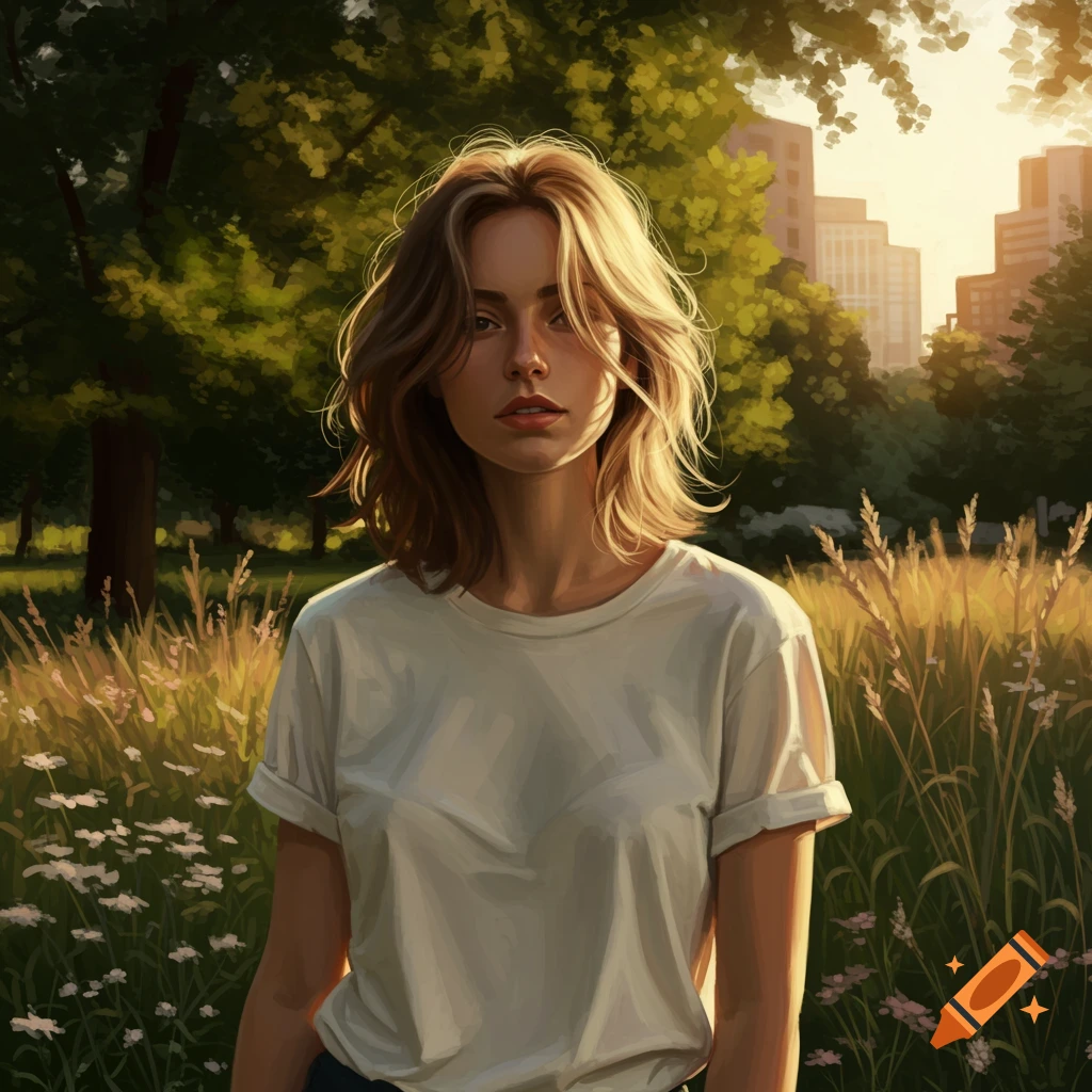 Photorealistic painting of a woman with messy hair wearing a white t-shirt, standing in a sunny park with city buildings in the background.