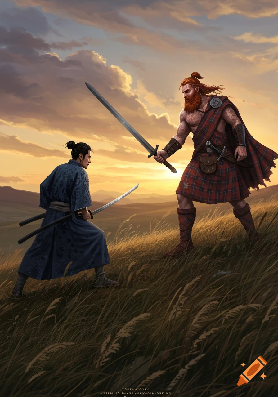 A samurai and a Scottish warrior face off with swords on a grassy hilltop at sunset, digital painting.
