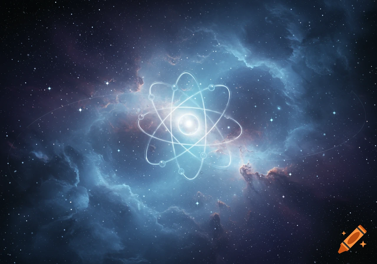 A glowing atomic model in the center of a blue nebula with stars in deep space.