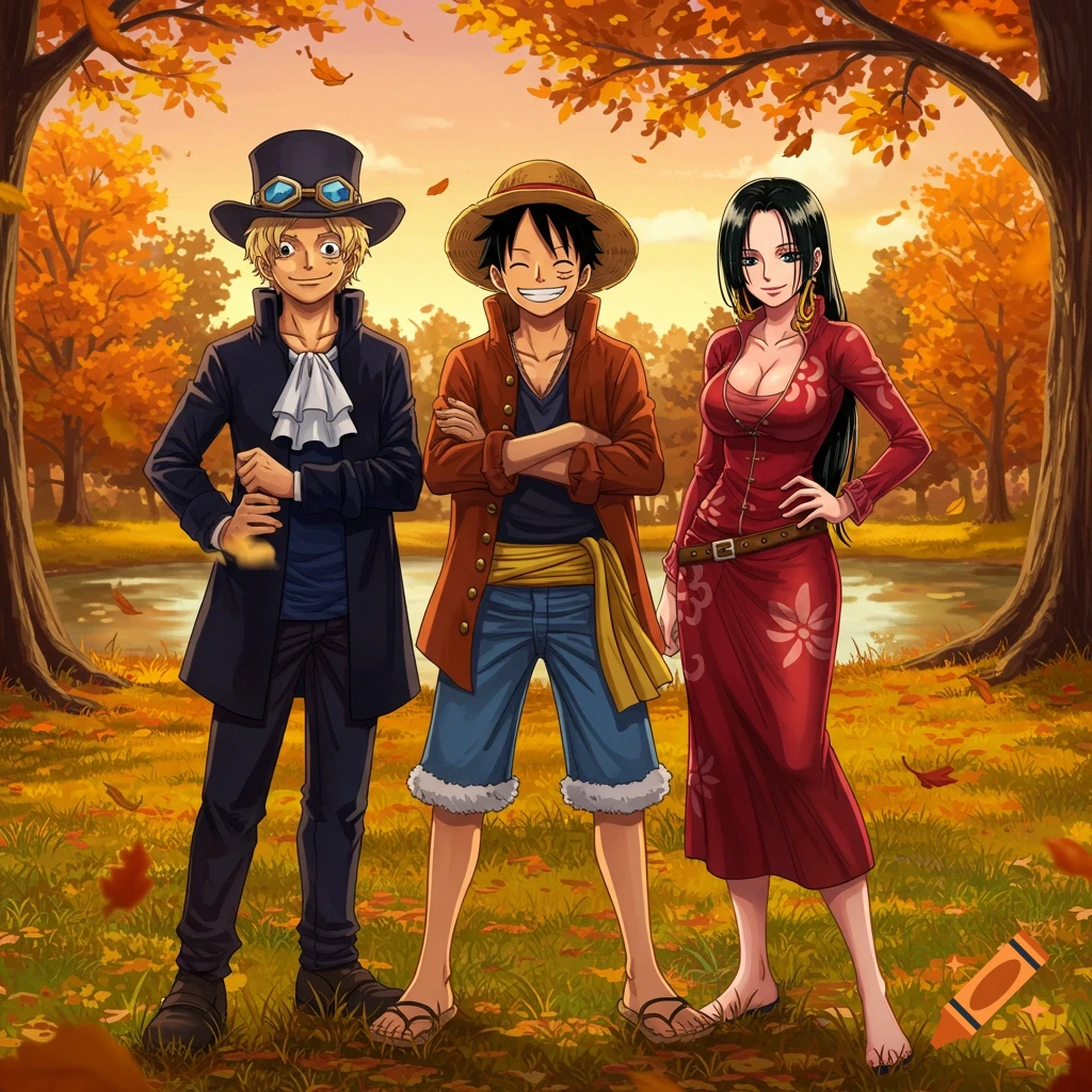 Anime illustration of Sabo, Luffy, and Boa Hancock smiling in an autumn park with orange trees.