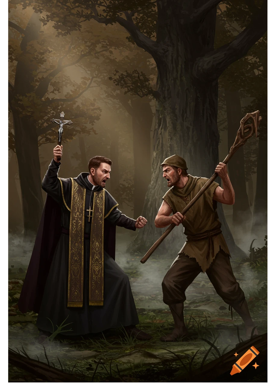 A medieval priest holding a crucifix confronts a peasant with a staff in a misty forest, in a detailed art style.