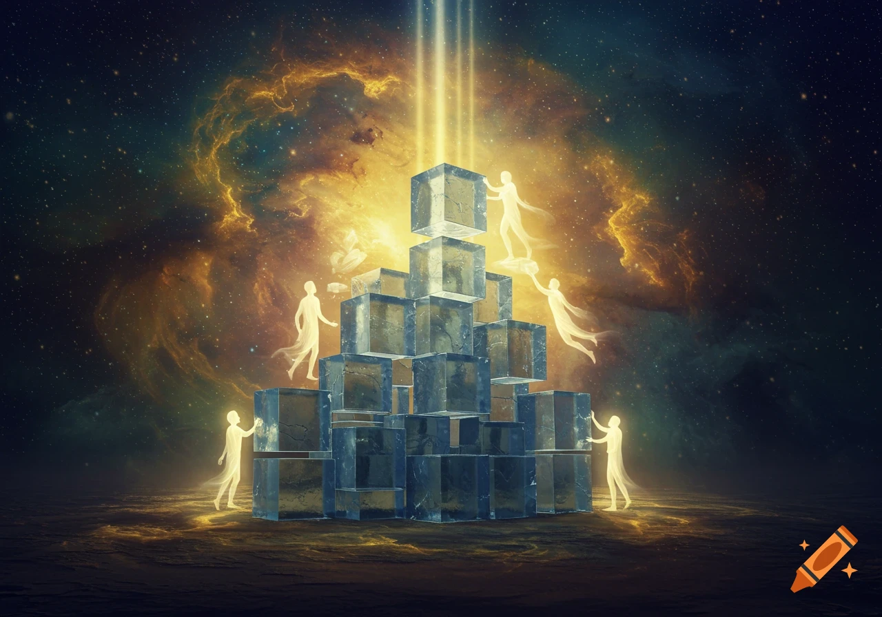 Ethereal figures construct a pyramid of glowing, ice-like cubes under a cosmic sky with golden nebulae.