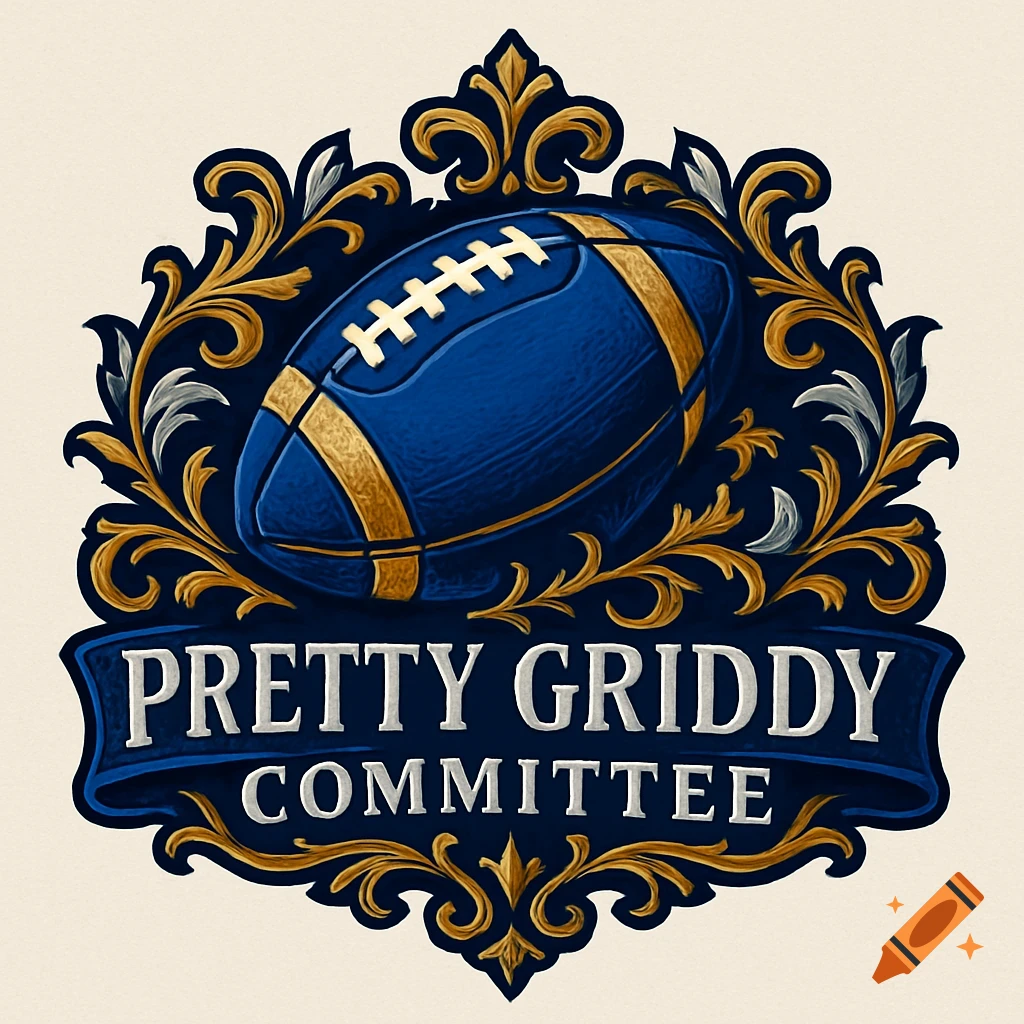 Stylized blue and gold logo featuring a football and ornate scrolling, with the text 'Pretty Griddy Committee'.