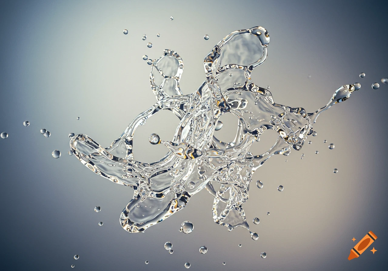 Abstract free-flowing forms of clear water splashing and suspended against a soft gradient background.