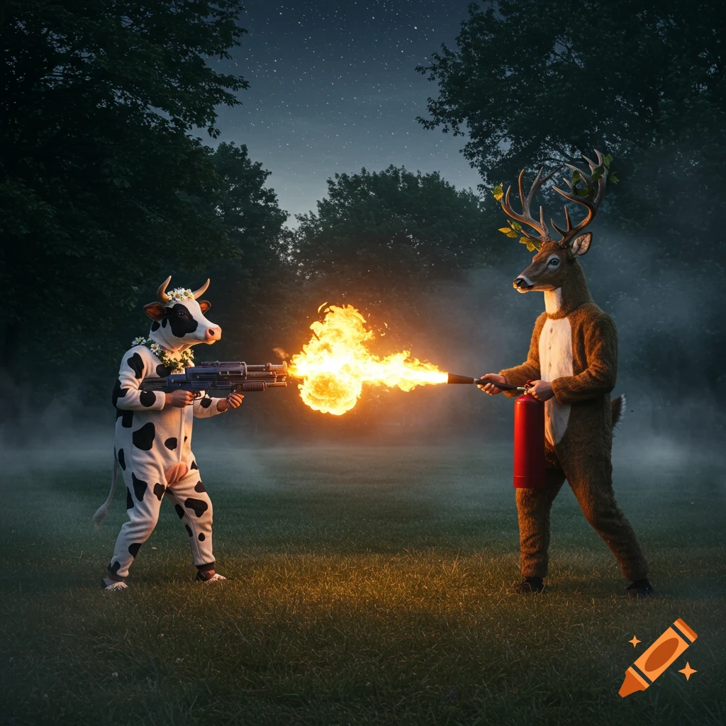 A person in a cow suit uses a flamethrower against a person in a deer suit holding a fire extinguisher in a forest at night.