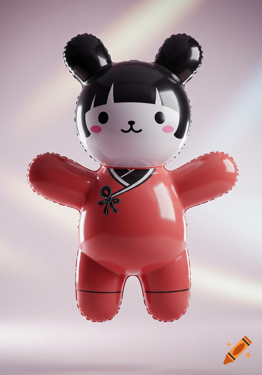 A shiny red and white inflatable toy character with a black bob haircut, bear ears, and a red top with a black bow, on a soft pink background.
