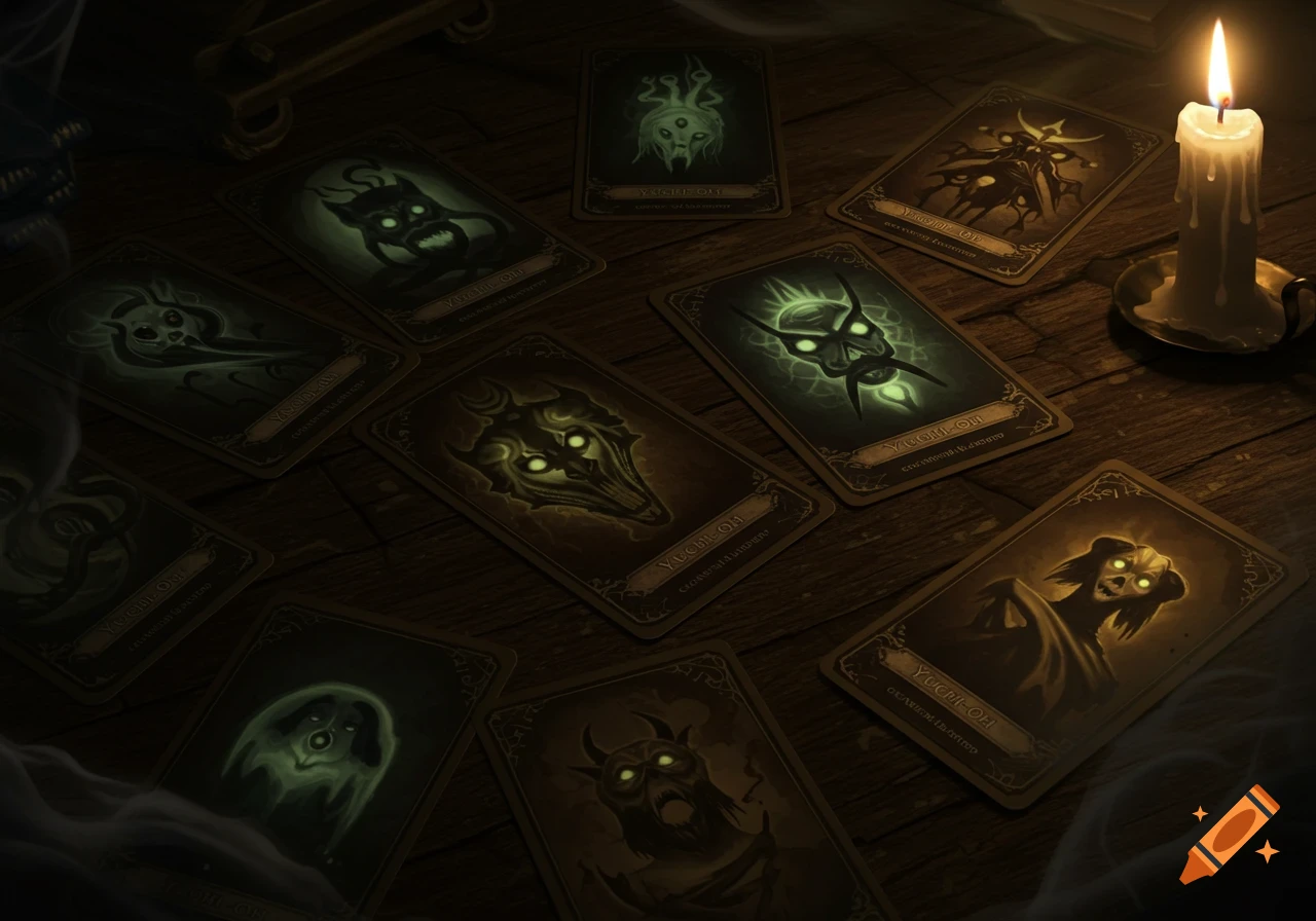 A close-up of several glowing 'YUCHI-OH' monster cards scattered on a dark wooden table, illuminated by a single flickering candle.