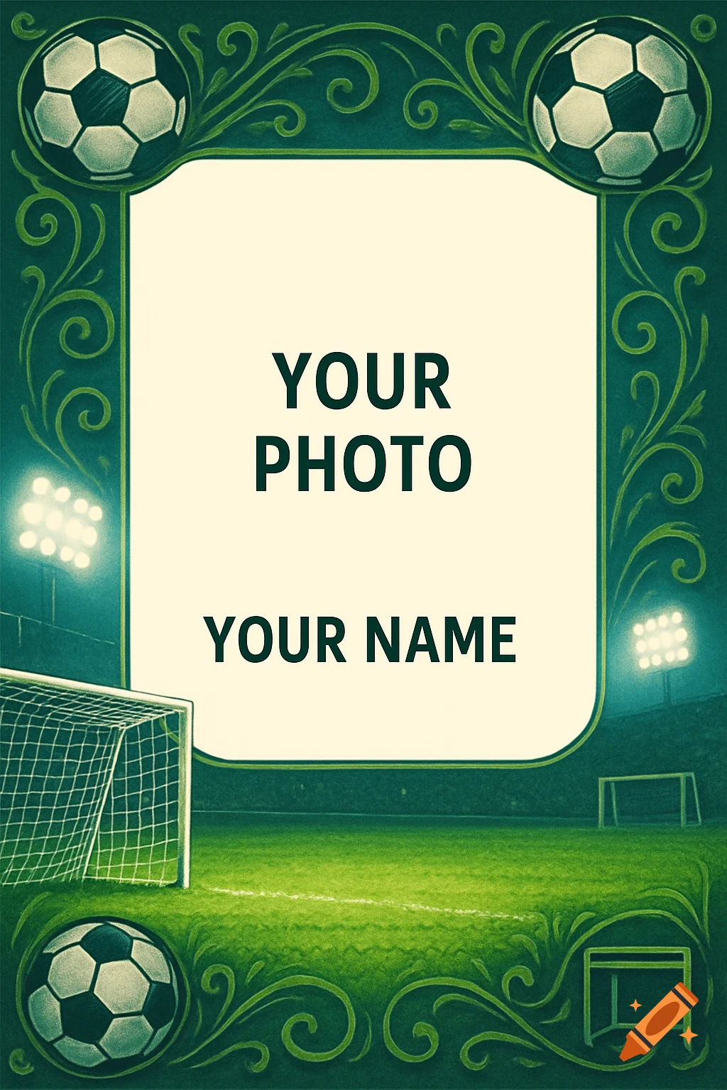 A green soccer-themed photo frame template with decorative borders, soccer balls, a field, and text placeholders.