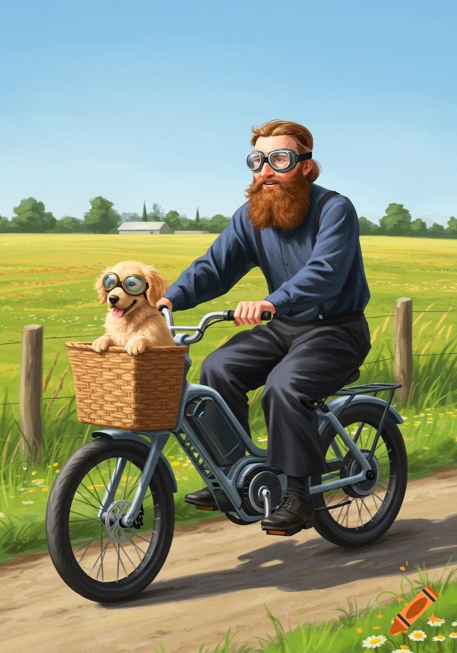 Digital illustration of a bearded Amish man riding an e-bike with a golden retriever puppy in the front basket, both wearing goggles, on a rural road.