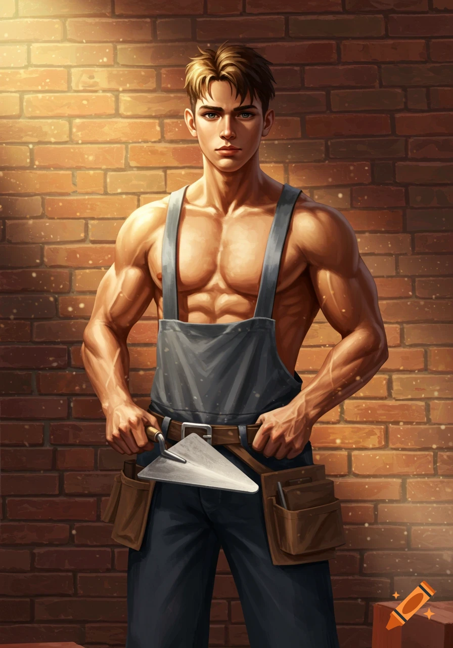 Illustrated portrait of a physically fit young man wearing overalls and holding a trowel, standing in front of a brick wall.
