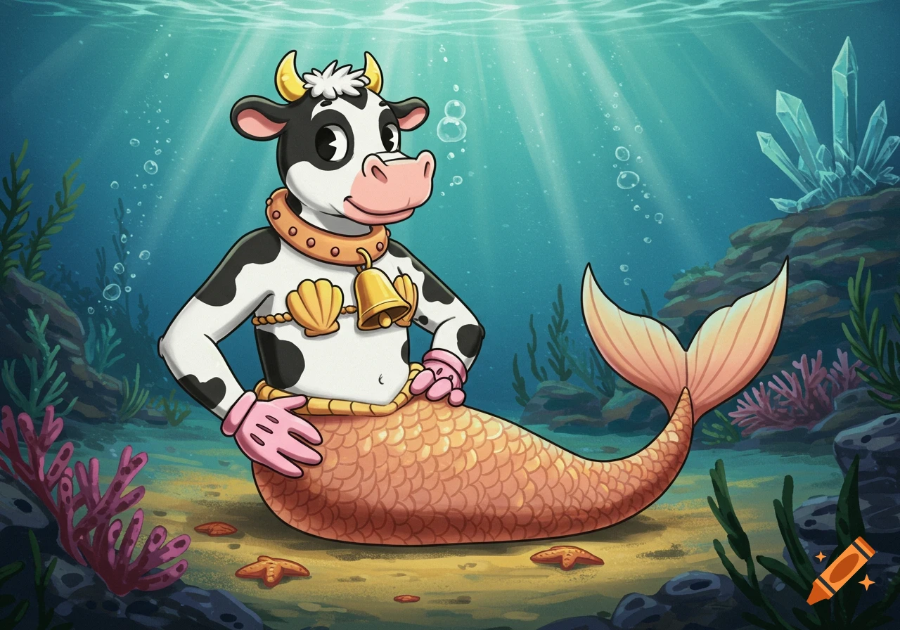 Cartoon cow mermaid with pink gloves, yellow seashell bra, and a cowbell, sitting on the seafloor.