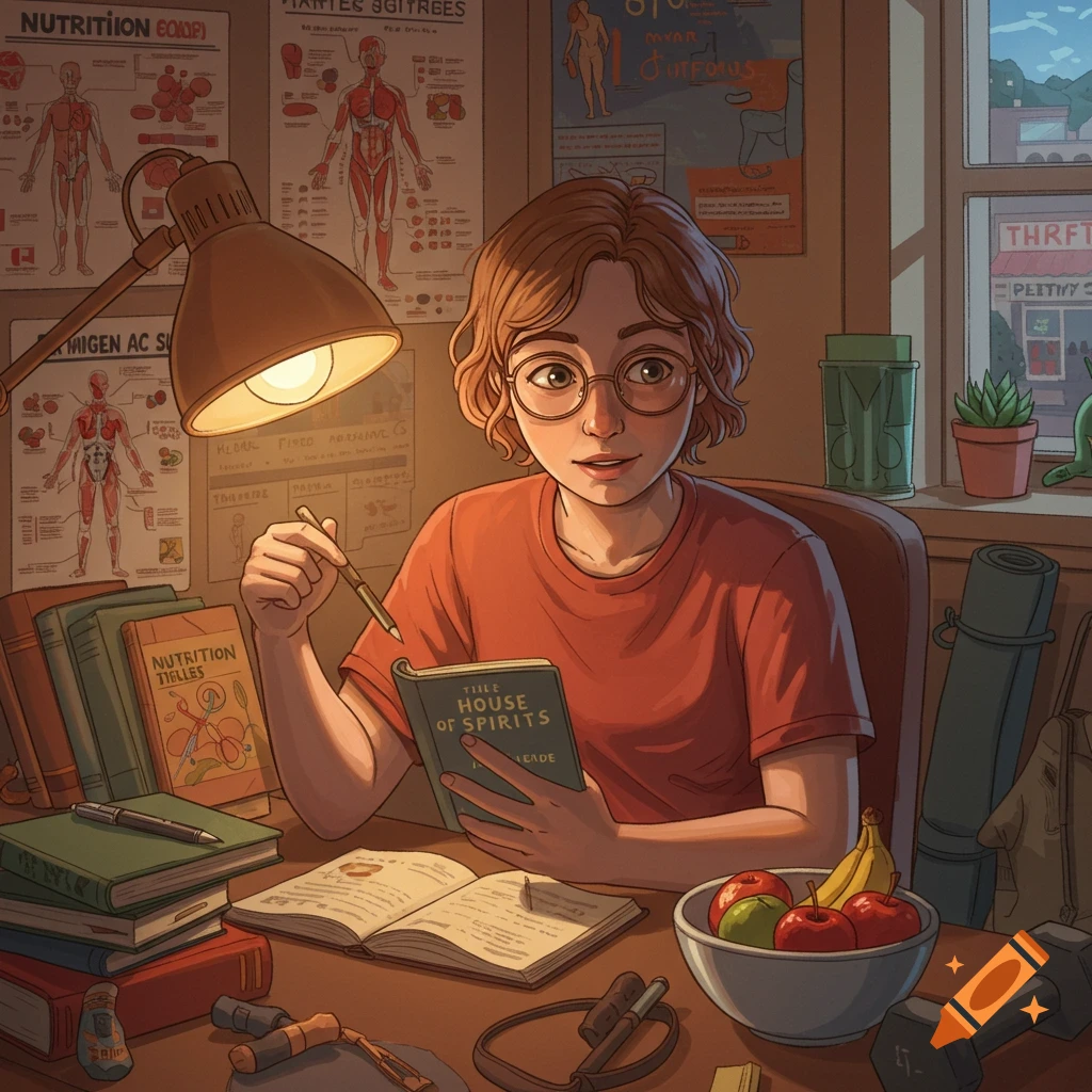 An illustration of a young, short-haired student in glasses sitting at a desk, studying with books and a notebook under a desk lamp, holding a book titled 'The House of Spirits'. Posters are on the wall, and there's a window view of a thrift store outside.